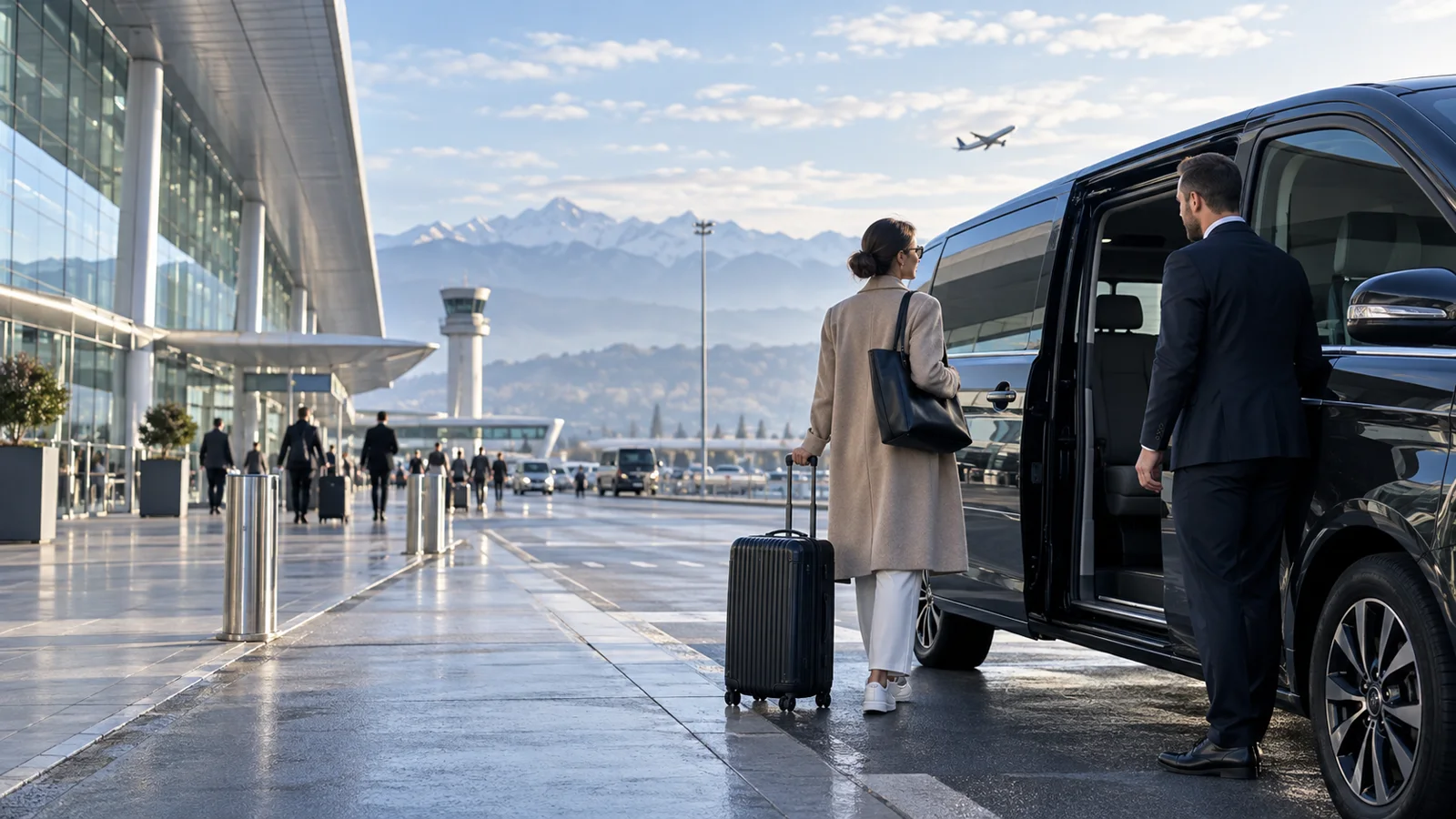 Traveler arriving at an airport transfer van