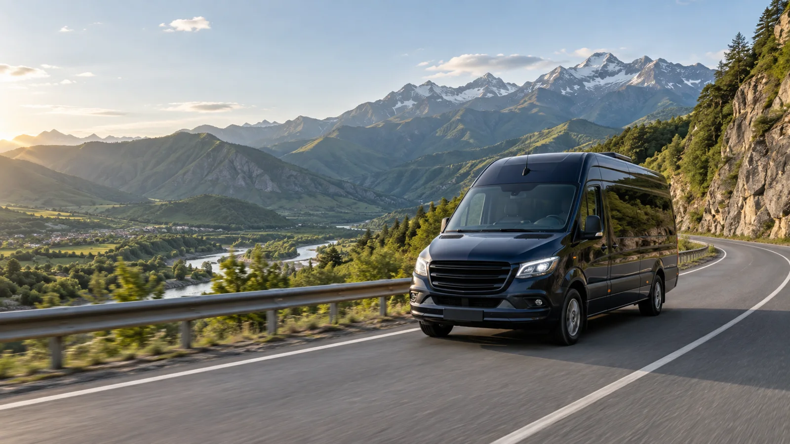 Passenger minibus on a scenic mountain road