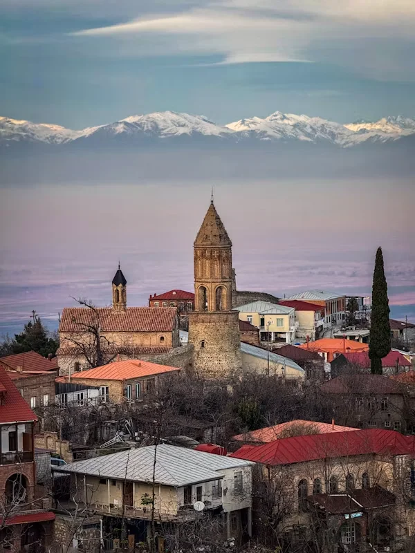 Historic Sighnaghi with the Caucasus mountains beyond