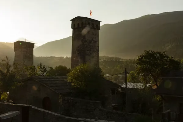 Medieval stone towers in Svaneti at sunset